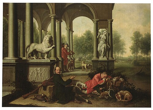 The successful hunt, an elegant hunting party near a classical building, 1766, Peter Jacob Horemans