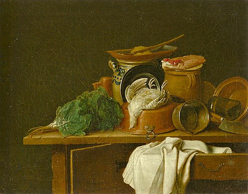 Stillleben mit Küchengeschirr und totem Rebhuhn, 1765, Peter Jacob Horemans