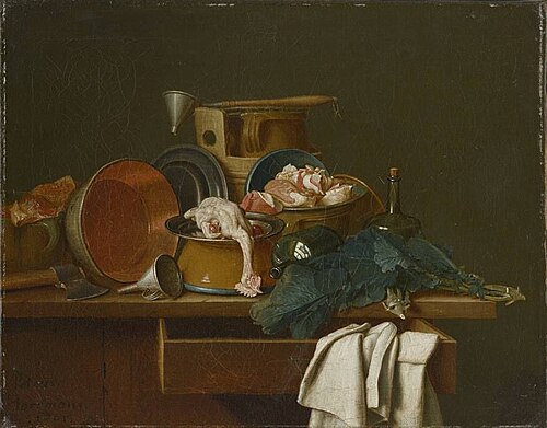 Stillleben mit Küchengeschirr und gerupftem Huhn, 1765, Peter Jacob Horemans