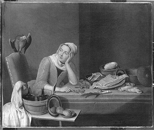 Küchenstillleben mit geldzählender weiblicher Figur und Papagei, 1760, Peter Jacob Horemans