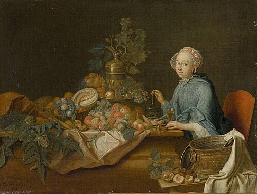 Fruit still life with a female figure drinking wine, 1764, Peter Jacob Horemans