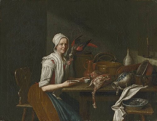 Küchenstillleben mit weiblicher Figur und Papagei, 1771, Peter Jacob Horemans