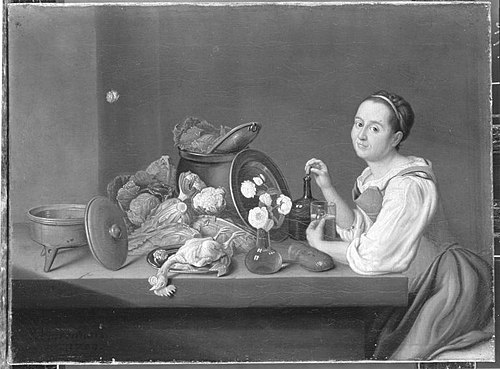 Stillleben mit weiblicher Figur mit Bierglas, 1759, Peter Jacob Horemans