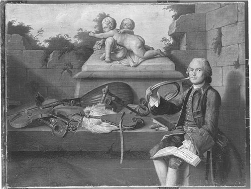 Musikstillleben mit Waldhornist, 1765, Peter Jacob Horemans
