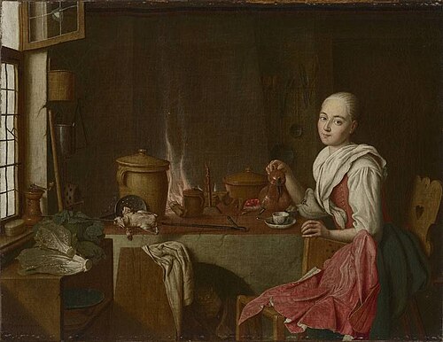 Küchenstillleben mit Kaffeetrinkerin, 1765, Peter Jacob Horemans