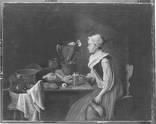 Küchenstillleben mit weiblicher Figur und Papagei, 1771, Peter Jacob Horemans