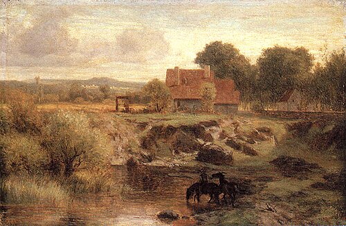 Paysage de village avec abreuvoir en Ile de France, 1855, Peter Burnitz
