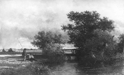 Twee henglaars aan een sloot in een Hollands landschap, 1856, Willem Roelofs