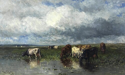 Landscape with cows at the waterfront, , Willem Roelofs