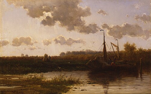 Hollands landschap met scheepje in een vaart, 1867, Willem Roelofs