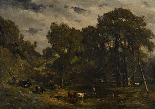 Boslandschap met vijver en boeren met vee, , Willem Roelofs