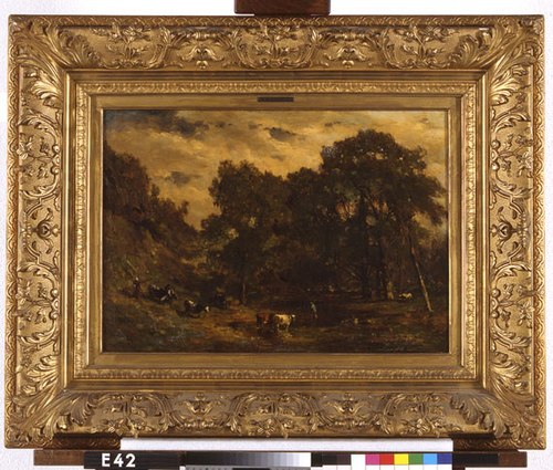 Boslandschap met vijver en boeren met vee, 1872, Willem Roelofs