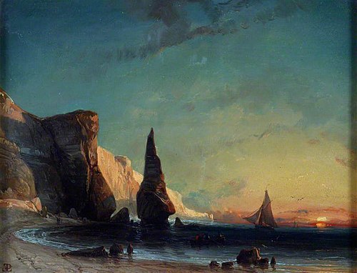 Rocky Coast near Le Havre, Sunset, 1839, Eugène Le Poittevin
