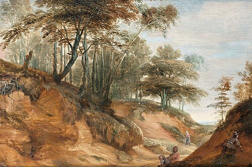 Paysage boisé avec personnages reposant à côté d’un chemin de campagne., 1650, Lodewijk de Vadder