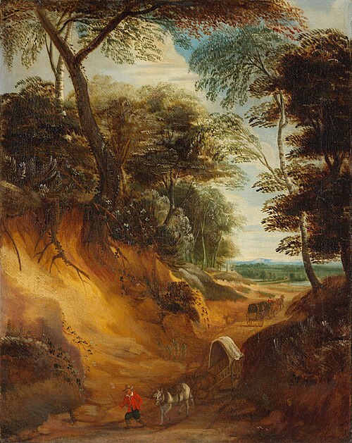 A hilly landscape with travellers and a wagon on a path, 1650, Lodewijk de Vadder