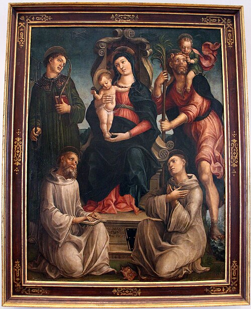 Thronende Maria mit dem segnenden Kind und den Heiligen Benedikt von Nursia, Laurentius und Bernhard, 1489, Liberale da Verona