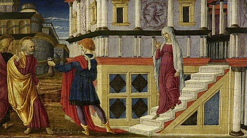 Simon Magus offering St Peter money for the power of conferring The Holy Spirit, 1470, Liberale da Verona