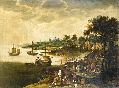 River landscape with fishermen returning to shore, with shipping in the distance, 1650, Jan Wildens