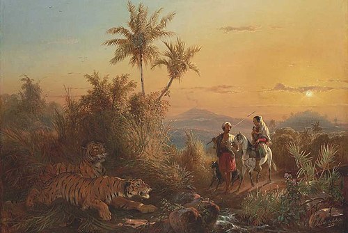 Javanese Landscape, with Tigers Listening to the Sound of a Travelling Group, 1849, Raden Saleh