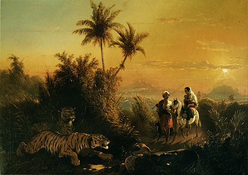 Tijgers besluipen een man, vrouw en kind / Rust op de vlucht naar Egypte, 1849, Raden Saleh