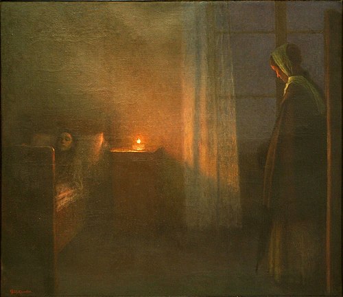 By the Girl's Bed, 1909, Jakub Schikaneder