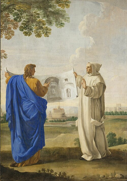 Saint Bruno examine un dessin des thermes de dioclétin, emplacement de la future chartreuse de Rome, 1637, Eustache Le Sueur