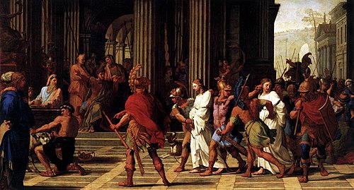 Saint Gervais et saint Protais amenés devant Astasius refusent de sacrifier à Jupiter, 1652, Eustache Le Sueur