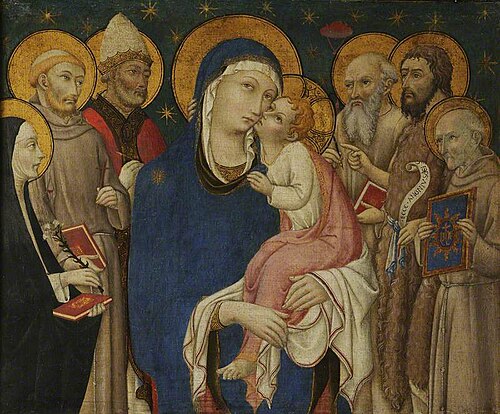 The Virgin and Child, with Six Saints (left, Saints Catherine of Siena, Francis and Ambrose, and rig, , Sano di Pietro