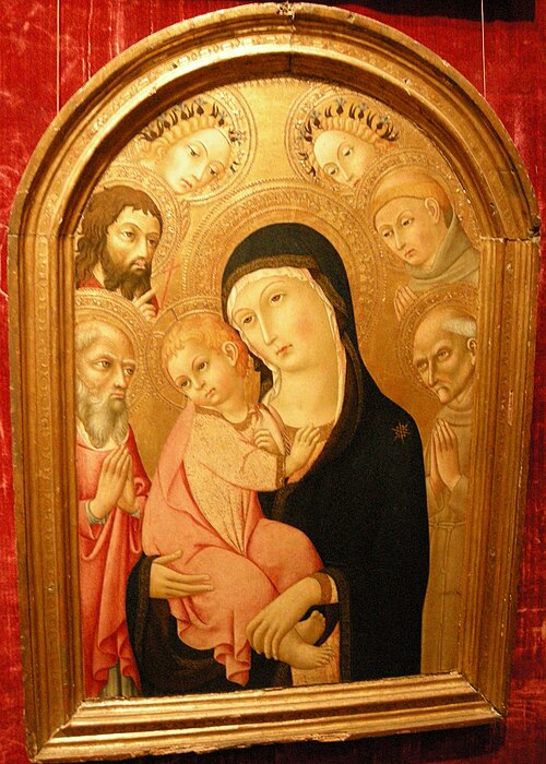 madonna col bambino, santi e due angeli, , Sano di Pietro