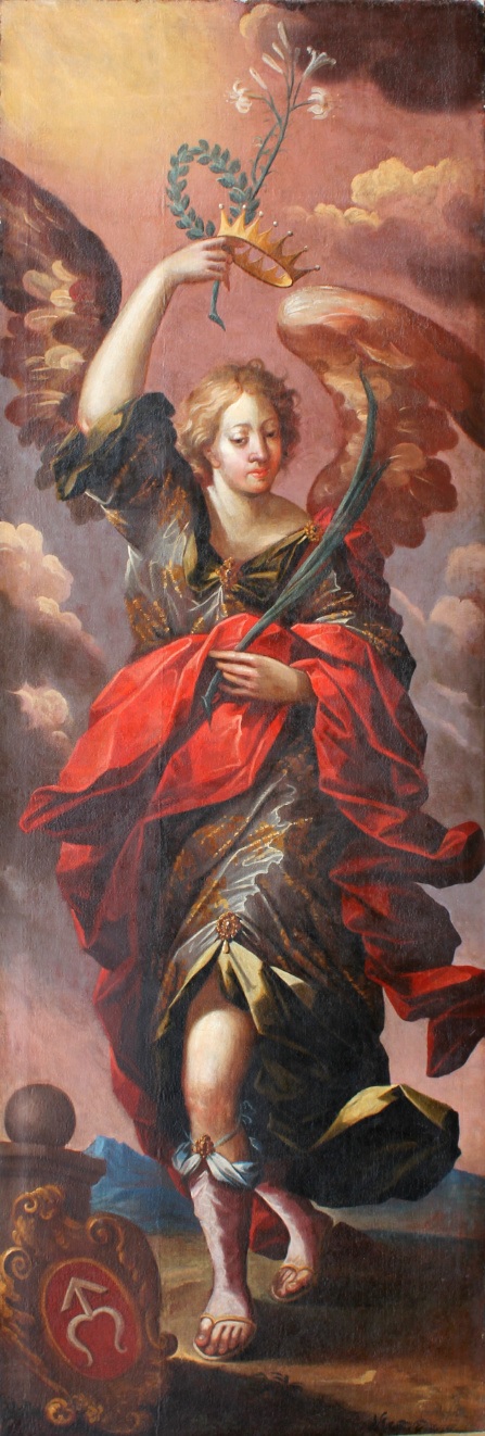 Anioł z lilią, wieńcem, koroną i palmą oraz herbem Odrowąż, 1650, Tommaso Dolabella