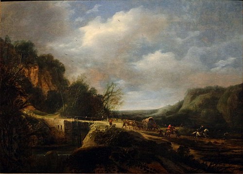 Heuvellandschap met overval op een reiswagen, 1634, Evert Marseus van Schrieck