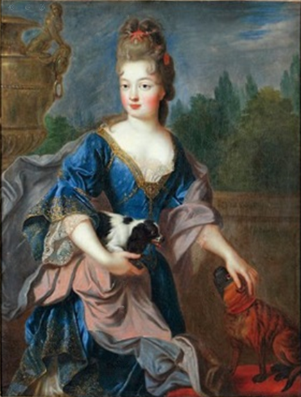 Portrait d'une princesse de la Maison de France sur la terrasse d'un jardin avec ses deux chiens, , Alexis Simon Belle