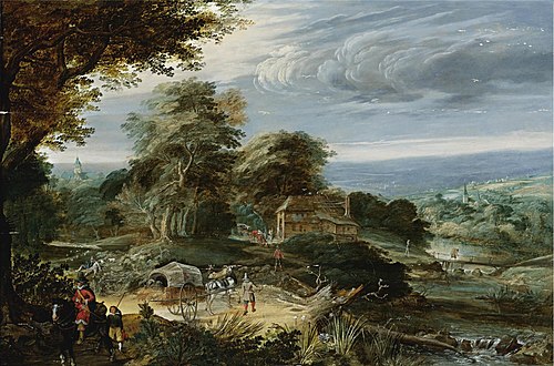 Extensive landscape with travelers on a path by a river, a cottage beyond, 1620, Pieter Stalpaert