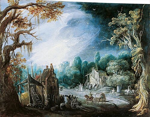 Wooded landscape with architecture and figures, 1620, Pieter Stalpaert