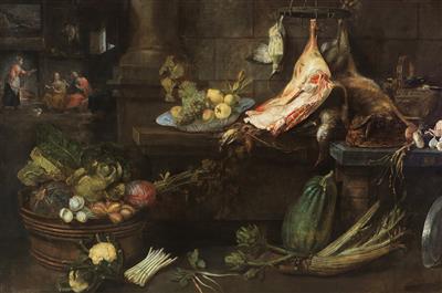 Kitchen interior with Christ visting Martha and Mary in the background, 1645, François Ykens