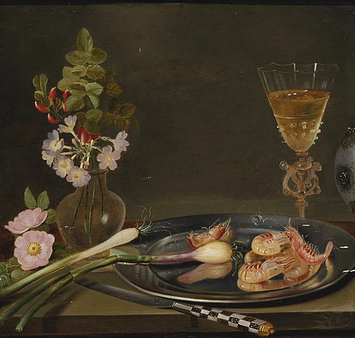 Still life with shrimp, ramps, flowers and a glass vase, 1650, François Ykens