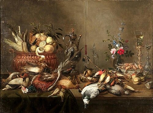 A large pronk still life with flowers, fruit and fowl, 1650, François Ykens