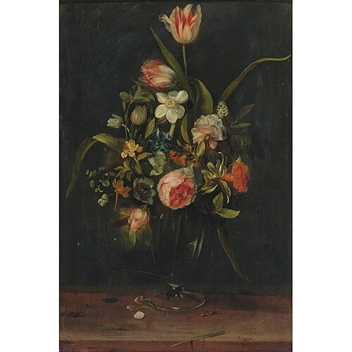 Still life of roses, tulips, narcissus and other flowers in a glass vase, 1650, François Ykens