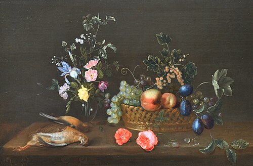 A vase with flowers, a basket of fruit and two dead birds on a wooden ledge, 1650, François Ykens