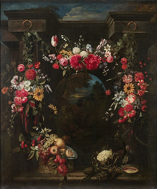Garland of flowers, fruits and vegetables surrounding a landscape with a river god, 1660, François Ykens