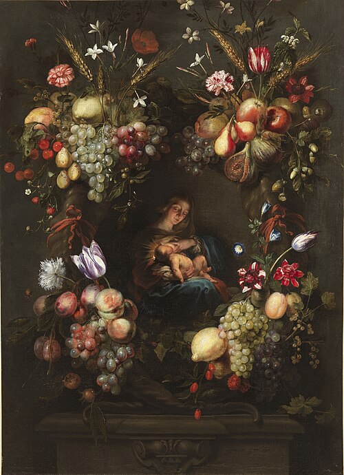 La Vierge Marie et l'Enfant Jésus dans une couronne de fleurs et de fruits, 1654, François Ykens