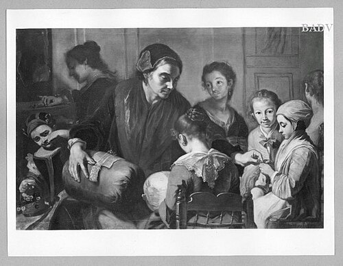 Women lace-working, 8 figures, 1747, Gaspare Traversi
