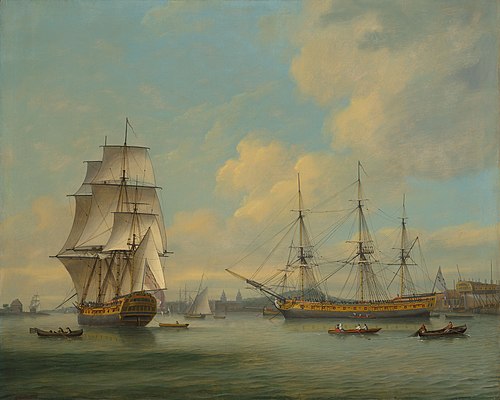 An East Indiaman in two positions off Deptford dockyard, , Thomas Luny