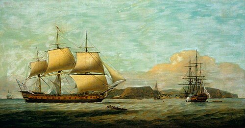 East Indiaman 'Admiral Hughes' off Jamestown, St Helena, 1790, Thomas Luny