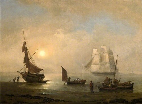 Sailing Ship and Fishing Boats on the Shore, 1818, Thomas Luny