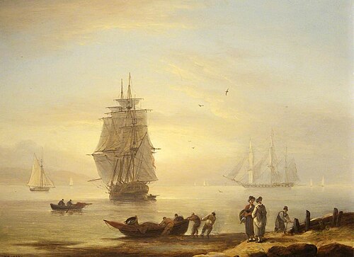 Men-o'-War and Figures on the Shore at Teignmouth, 1822, Thomas Luny