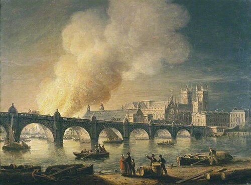 Westminster Bridge and the Burning of the Houses of Parliament from Lambeth, London, 1835, Thomas Luny