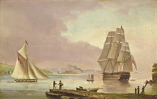A '74', traditionally thought to be H.M.S. Implacable, off Mount Edgcumbe, in Plymouth Sound, 1850, Thomas Luny