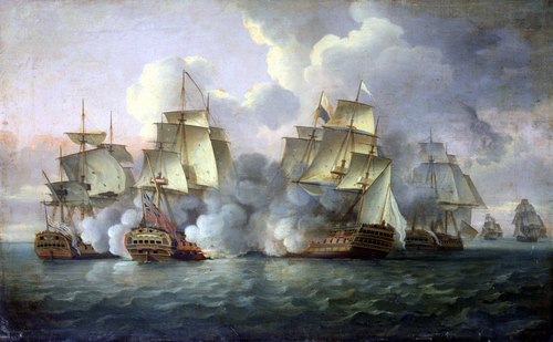 HMS 'Mediator' engaging French and American vessels, 11-12 December 1782, 1783, Thomas Luny