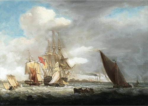 A British Men-of-War surrounded by coastal craft, 1837, Thomas Luny